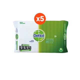 [โค้ด DFCBM1 ลดสูงสุด 250.-]Dettol(เดทตอล) ผ้าเช็ดทำความสะอาดผิวแบบเปียก แอนตี้แบคทีเรีย จำนวน 50 แผ่น (5 ชิ้น)