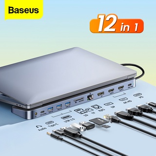 Baseus อะแดปเตอร์ฮับ Type C เป็น 4K HDMI DP RJ45 แจ็ค 3.5 มม. การ์ด SD TF USB 3.0 สําหรับ Macbook แล็ปท็อป แท่นวาง 12 in 1