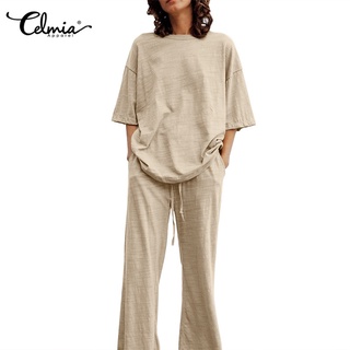 CELMIA Two Piece Sets Women Half Sleeve Tops Wide Leg Long Pants Casual Clothes Plus Size