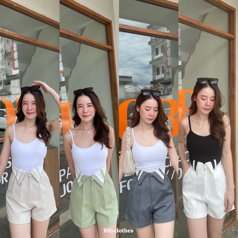 พร้อมส่ง-กางเกงขาสั้นผู้หญิง-ตะขอหน้าพับเอว-ทรงใหม่มาแรง-ผ้าเคนนี่เอวสูงเก็บพุง