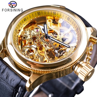 Forsining Mens Mechanical Watches Screw Crown Cap Design Waterproof Golden Skeleton Clock Black Genuine Leather Horloge