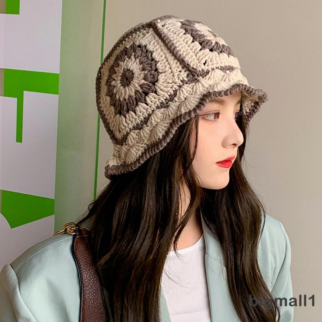 bigmall-women-knitted-hat-with-flower-pattern-bright-color-matching-hollow-decoration-clothing-accessory