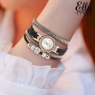 Ellastore123 นาฬิกาข้อมือควอตซ์แฟชั่น สายถัก ประดับพลอยเทียม หลายชั้น สําหรับทุกวัน