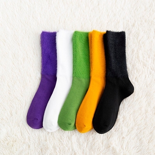 สินค้า Women Rabbit Fur Solid Loose Socks Winter Warm Candy Color Girls Crew Socks High Quality Cotton Soft Cozy Long Socks