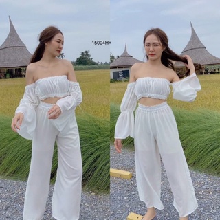 TW15004 Set 2 ชิ้น  เสื้อเกาะอก แขนปาดไหล่ ยางยืด2 ชั้น ทรงกางเกงขาบานใส่สบายพริ้วๆ ปลายแขนบานออก งานไม่มีซับใน