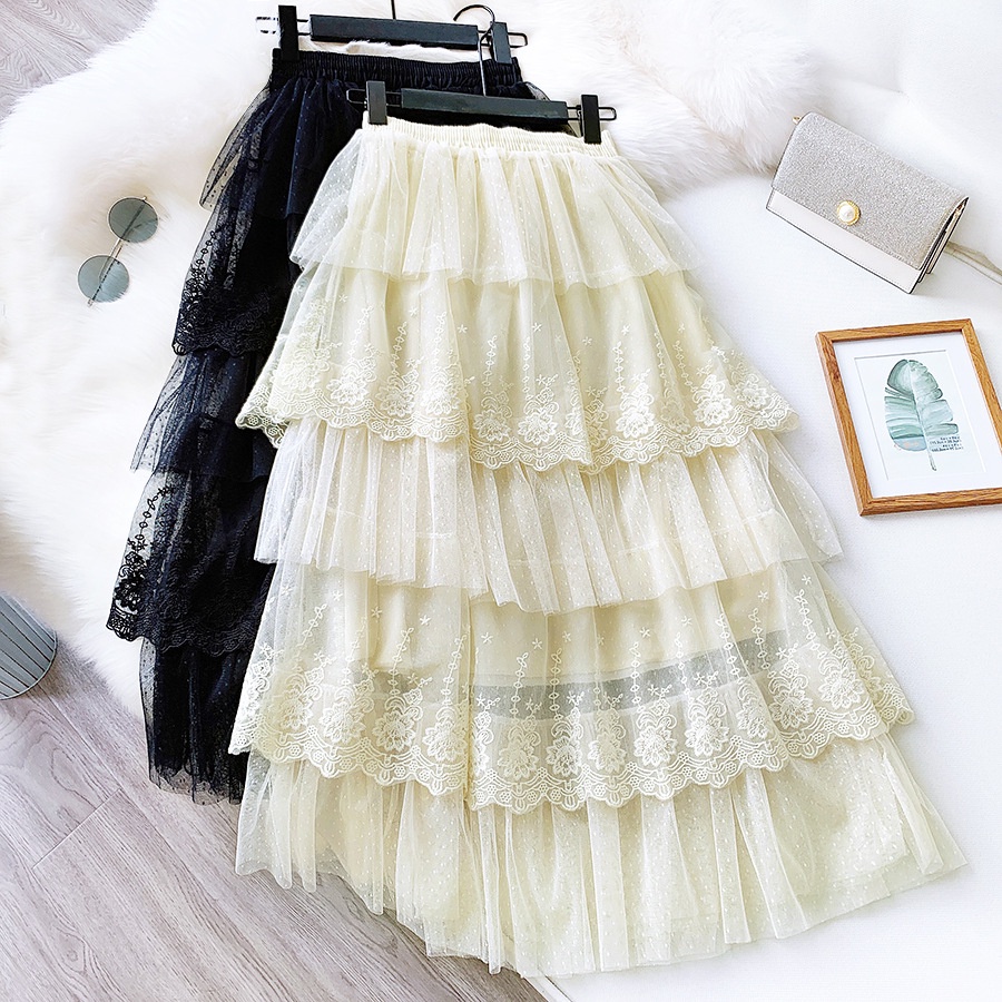 Spring skirt, spliced polka-dot flounce cake skirt, long skirt, wavy A-line skirt  3692
