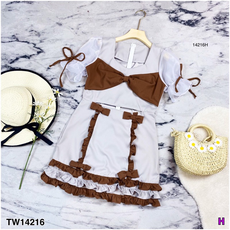 b14216-เดรสแขนผ้าแก้วอกแต่งโบว์ชายระบาย-glass-sleeve-dress-with-bow-hem