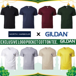 Gildan x NORTH HARBOUR เสื้อยืดคอกลม ผ้าฝ้าย พิมพ์ลายโลโก้ NHR1100 มีกระเป๋าเสื้อ สําหรับผู้ใหญ่ ทุกเพศ