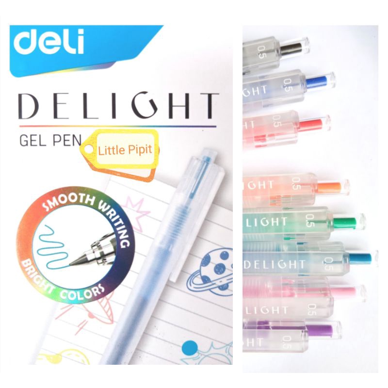 Deli DELIGHT Gel Pen ปากกาเจลแบบกด 0.5mm มี 8 สีให้เลือก หมึกน้ำเงิน ดำ แดง ฟ้า ส้ม เขียว ม่วง