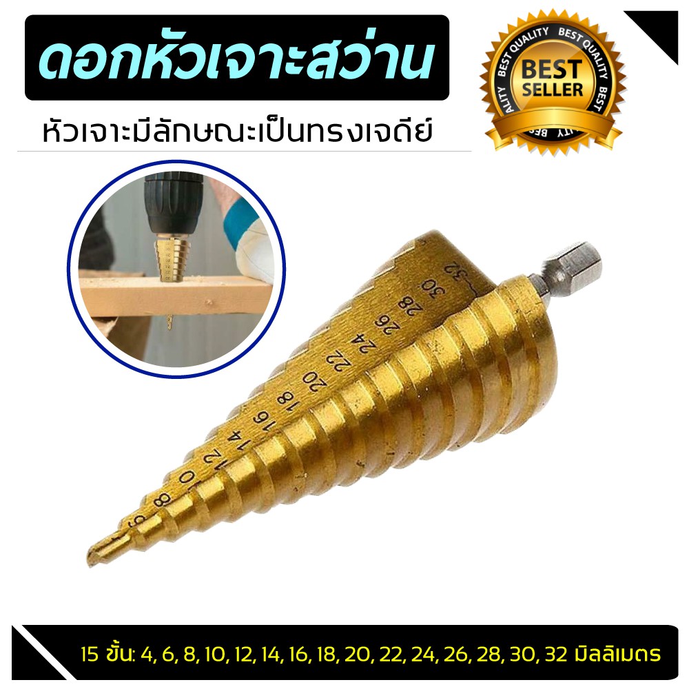 ราคาและรีวิวดอกสว่านสเต็ป Step Cone Taper ดอกเจดีย์ ดอกเดียวเจาะได้หลายขนาด 4-32มม./1ชิ้น