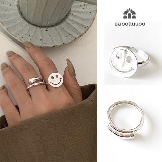Geometric Smiley Disc Hollow Staggered Double Layer Simple Adjustable Metal Circle Ring For Women Punk