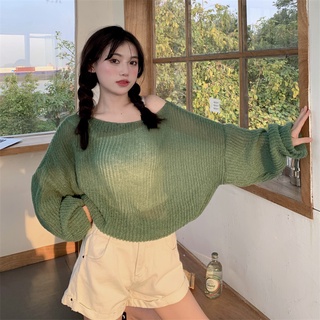 เสื้อกันหนาวแขนยาว ผ้าถัก ทรงหลวม น้ําหนักเบา แบบเรียบง่าย แฟชั่นฤดูร้อน