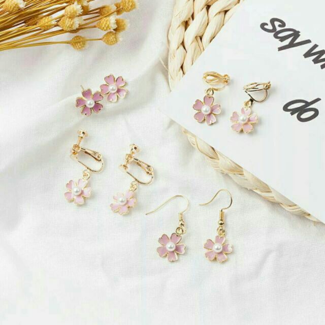 ต่างหูหนีบซากุระ-เจาะดอกซากุระ-pink-sakura-earring-มาครบ3แบบล
