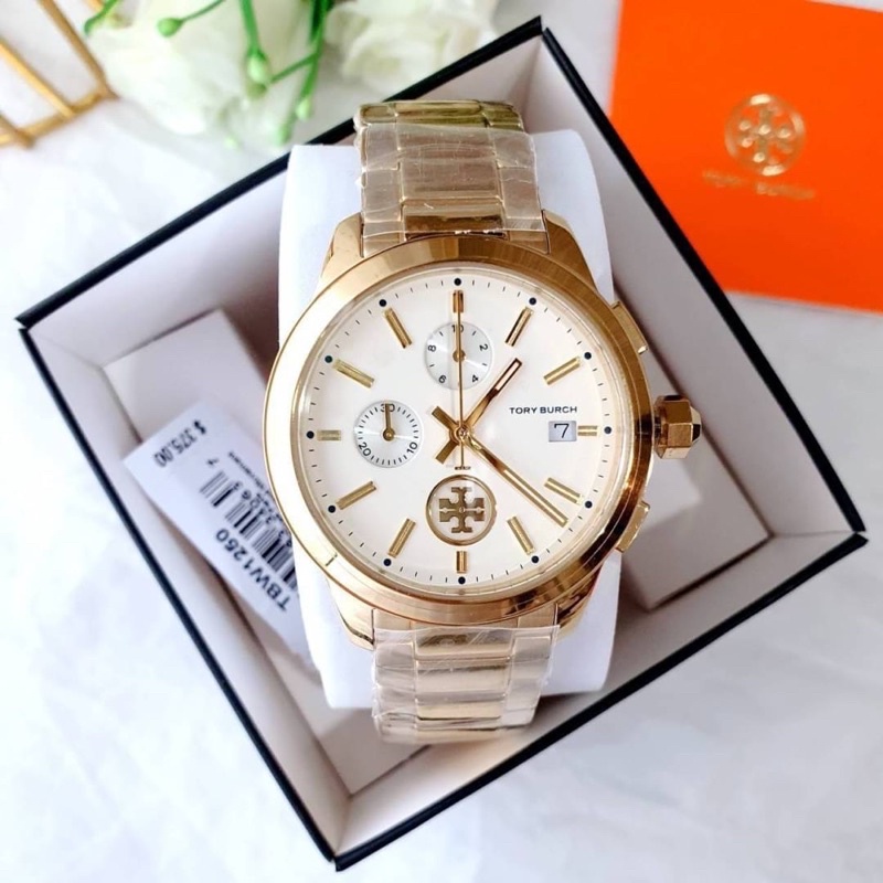 สด-ผ่อน-นาฬิกาสีทอง-กล่องแบรนด์-tbw1250-tory-burch-collins-watch-gold-tone-stainless-chronograph-ขนาด-38-mm