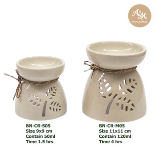 เตาเผาน้ำมันหอมระเหยเคลือบเงาศิลาดลสีครีม ฉลุลายใบไม้ Ceramic Burner (Glaze Siradol)- Cream color (Big leaves design)