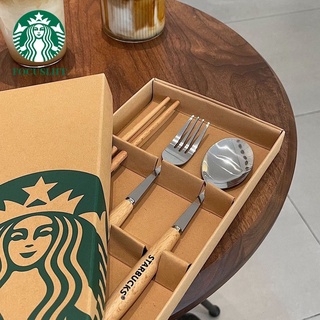 ชุดช้อนส้อมตะเกียบ สเตนเลส ลาย Starbucks สไตล์ญี่ปุ่น มี 3 ชิ้น