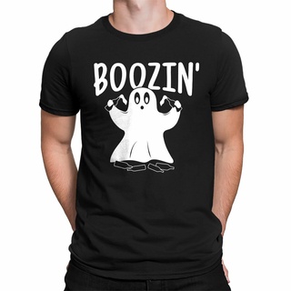 เสื้อยืดผ้าฝ้ายพิมพ์ลายขายดี เสื้อยืดแขนสั้น พิมพ์ลาย Boozin Ghost October Halloween สําหรับผู้ชาย