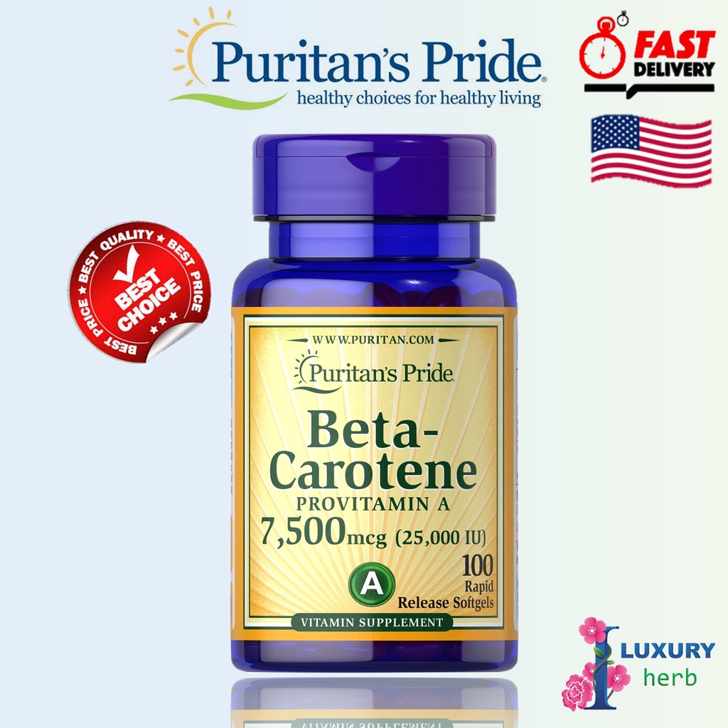 อาหารเสริม Vitamin A Beta Carotene 7500 Mcg 25000 Iu 100 เม็ด Puritans Pride Exp072026 