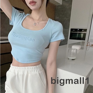 Bigmall- เสื้อครอปท็อปแขนสั้น คอสี่เหลี่ยม ผ้าถัก ปักลายตัวอักษร เหมาะกับฤดูร้อน สําหรับผู้หญิง