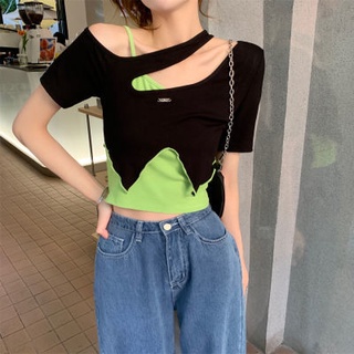 🔥Hot Sale / 22511Design T-shirt Womens New Two-Piece Contrast Color Irregular Off-the-shoulder Outer Wear Short Top