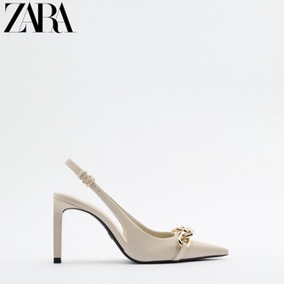 Zara ใหม่ รองเท้าส้นสูง สายโซ่ สีเบจอ่อน แฟชั่นฤดูใบไม้ผลิ สําหรับผู้หญิง 1224910002