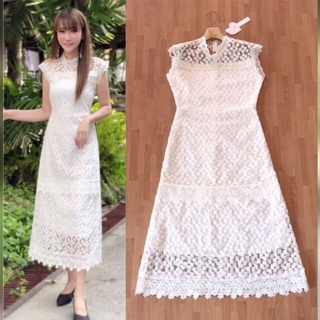 เดรสลูกไม้ขาว!!! M-L Maxi Dress เดรสสีขาวแขนกุดผ้าปักลูกไม้ งานป้าย Love Love