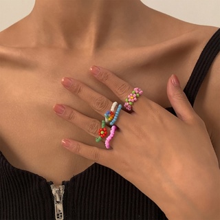 Arin ชุดแหวนลูกปัด รูปดอกไม้น่ารัก หลากสี สไตล์โบฮีเมียน สําหรับเด็กผู้หญิง 5 ชิ้น ต่อชุด