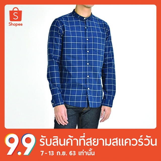 erawon-shop-1717bw-เสื้อเชิ้ตผู้ชายแขนยาว-อ็อกส์ฟอร์ด-คอจีน-graph-checked-mandarin-collar-ทรง-regular-fit-สี-blue-world