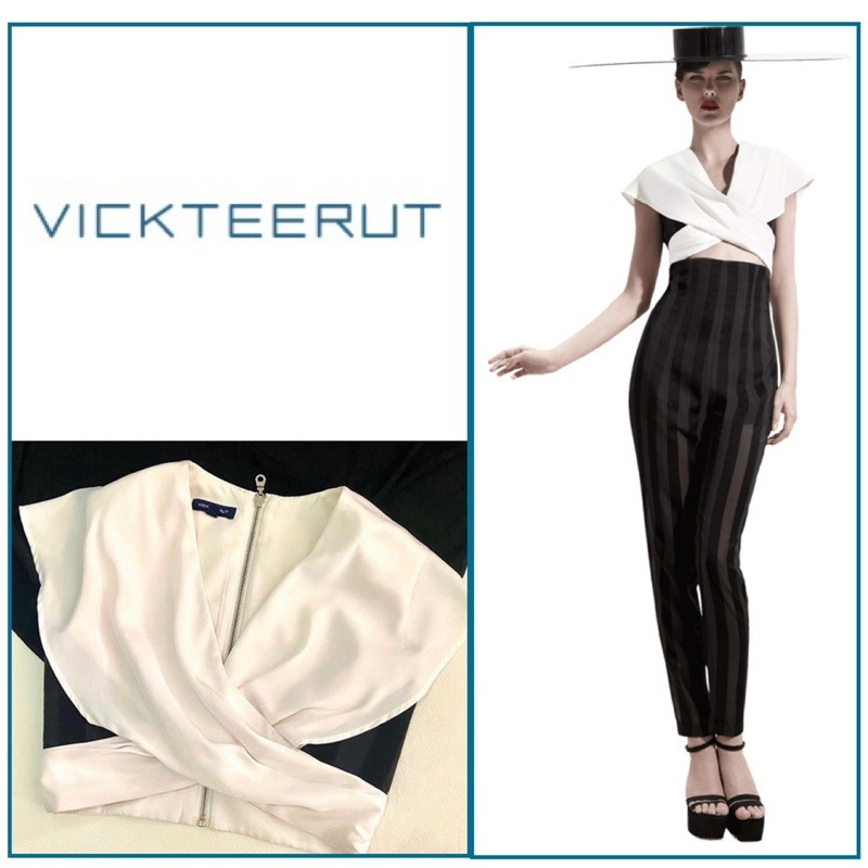 แท้-used-vickteerut-size-us4-อก-32-33-เสื้อ-สีขาวตัดดำ-แบบสวยมาก-ใส่ออกมาหรูดูแพงสุดๆ-มือสองสภาพดี