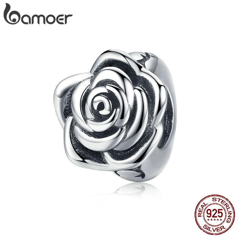 BAMOER Rose Flower Buds Beads fit Charms Bracelets DIY 925 Sterling Silver SCC1101