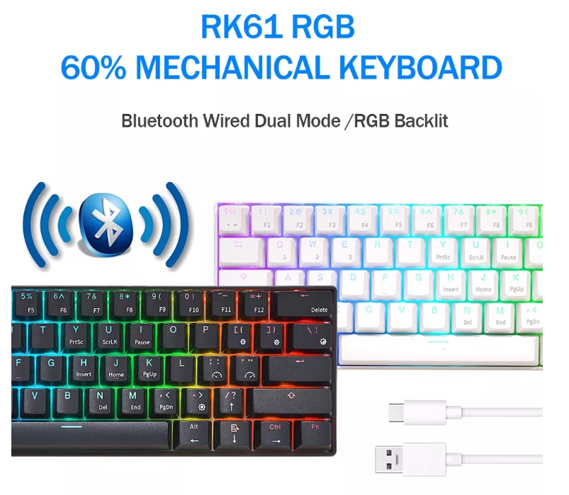 คำอธิบายเพิ่มเติมเกี่ยวกับ Royal Kludge RK61 RGB Hotswap Arrow คีย์ Bluetooth ไร้สายบลูทูธและมีสาย เปลี่ยนสวิตซ์ได้ เลเซอร์ไทย - English