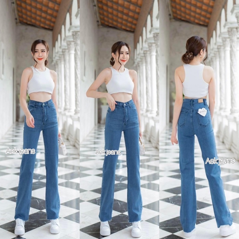 กางเกงยีนส์ทรงกระบอกเอวสูงผ้ายืดใส่สบาย