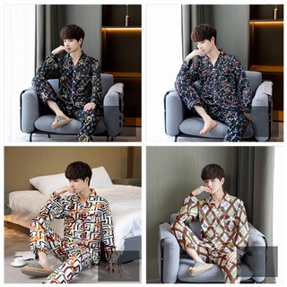 ชุดนอนผู้ชาย เเขนยาวขายาว ผ้าซาตินสุดหรู  คอปก เซ็ทเสื้อ สวมใส่สบาย ผ้าเย็น ผ้านิ่มไม่เเข็ง