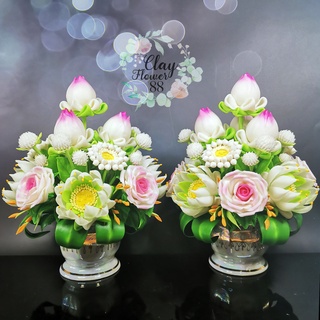 ชุดคู่ แจกัน ดอกบัวประดิษฐ์ ดอกไม้ไหว้พระ ดอกบัวปลอม ดอกบัวไหว้พระ ดอกไม้ดินปั้น จาก ดินไทย (สูง 9 นิ้ว)