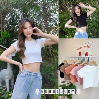 สินค้า 🌷Good​Luck​y🌷(3) พร้อมส่ง เสื้อครอป ครอปคอกลมชายแต่งหยัก น่ารักสดใส ใส่ได้ทุกโอกาส