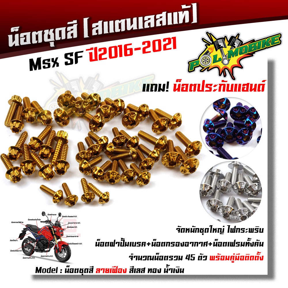 น็อตชุดสี MSX125 SF (ปี 2016-2021) หัวเฟือง (1ชุด 45ตัว) แถมฟรี !! น็อตประกับแฮนด์ สแตนเลสแท้