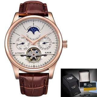 LIGE Brand Men watches Automatic mechanical watch tourbillon Sport clock leather Casual business wristwatch Gold relojes