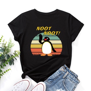 【100% cotton】เสื้อยืดแขนสั้น ผ้าฝ้าย ทรงหลวม ลายเพนกวินตลก แฟชั่นสําหรับผู้หญิง