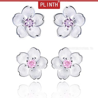 PLINTH 925 ต่างหูเงินเงาดอกเชอร์รี่ขนาดเล็กอารมณ์สดเพชรเพชรแพ้ง่าย1194
