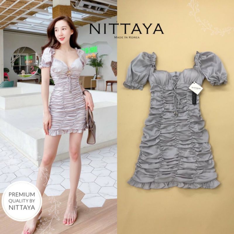 nittaya-เดรสแขนตุ๊กตา-ทรงพอดีตัว-หน้าอกเว้าลงทรงหัวใจ