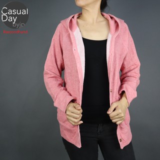 เสื้อกันหนาวมือสองเนื้อผ้าคอนตอนนุ่ม สีชมพูหวานงานกระดุมหน้ามีฮู้ดและกระเป๋าสองข้าง ไซต์ใหญ่ใส่สวย