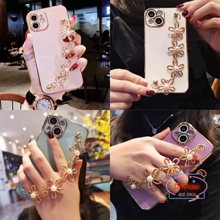 เคสโทรศัพท์มือถือ ซิลิโคนนิ่ม ลายดอกไม้ ประดับมุก พร้อมสายคล้องข้อมือ สําหรับ Samsung Galaxy A14 A54 A34 M14 F14 M54 5G A04 A24 4G