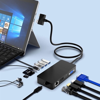 Surface Pro Hub แท่นวางจอแสดงผล 3 หน้าจอ สำหรับ Microsoft Surface Pro 4 5 6 พร้อม HDMI VGA DP Gigabit Ethernet พอร์ต USB 3.0 3 พอร์ต พอร์ต Audio Out พอร์ต USB C เครื่องอ่านการ์ด SD Micro SD