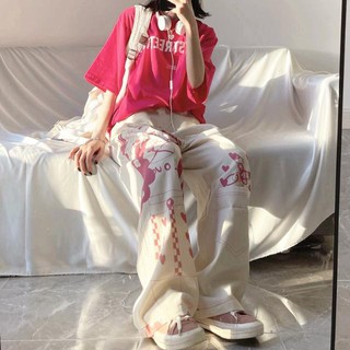 Girly สีชมพู Graffiti กางเกงขากว้างหญิงญี่ปุ่นอะนิเมะพิมพ์รูปแบบหลวมตรงกางเกงหญิง ins
