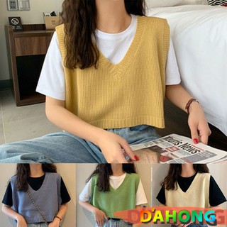Dahong 💖 73031 เสื้อกั๊ก คอวี ตัวสั้น  เสื้อครอป   สไตล์ย้อนยุค