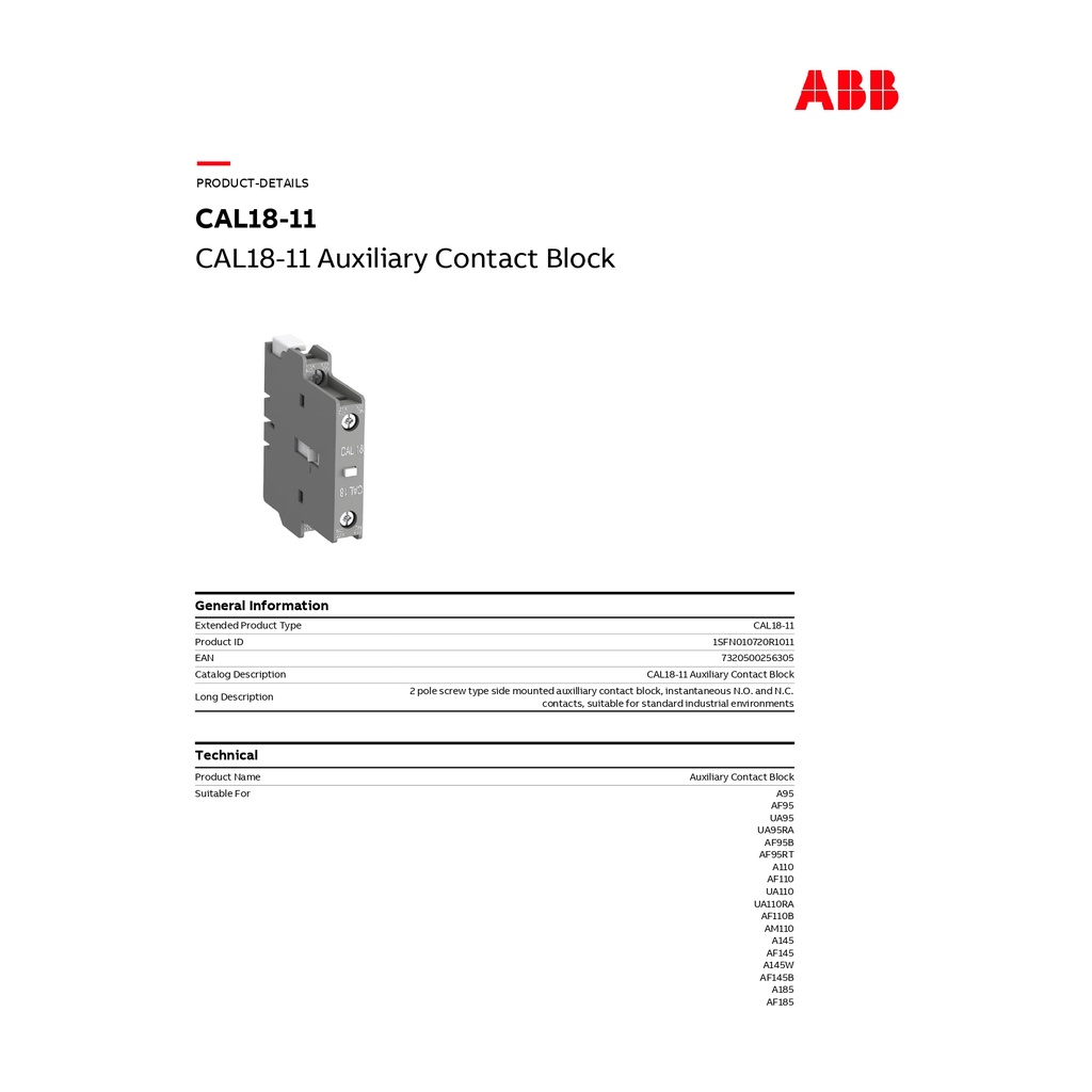 abb-cal18-auxiliary-contact-block-1nc-1no-2-contact-front-mount-6-a-รหัส-cal18-11-1sfn010720r1011-เอบีบี