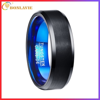 Bonlavie แหวนทังสเตนคาร์ไบด์ 8 มม. สีฟ้า และสีดํา ไซส์ 7-12 สําหรับผู้ชาย