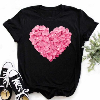 【Hot】Pink Rose Heart Print Women T Shirt 90 Girls Ladies Casual Funny Short Sleeves T Shirt Gift for Lady Yong Girl Top