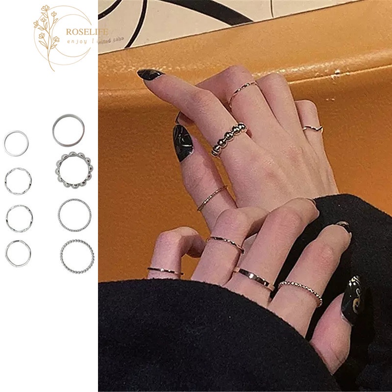 ภาพหน้าปกสินค้าRoselife 8PCs/Set Vintage Geometric Knuckle Rings Set for Women Girls Korean Style Boho Midi Rings Ins Trendy Finger Jewelry Set