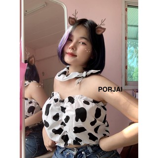 PORJAI เซตเกาะอก+ผ้าโพกผม เสื้อลายวัว งานตัดร้าน